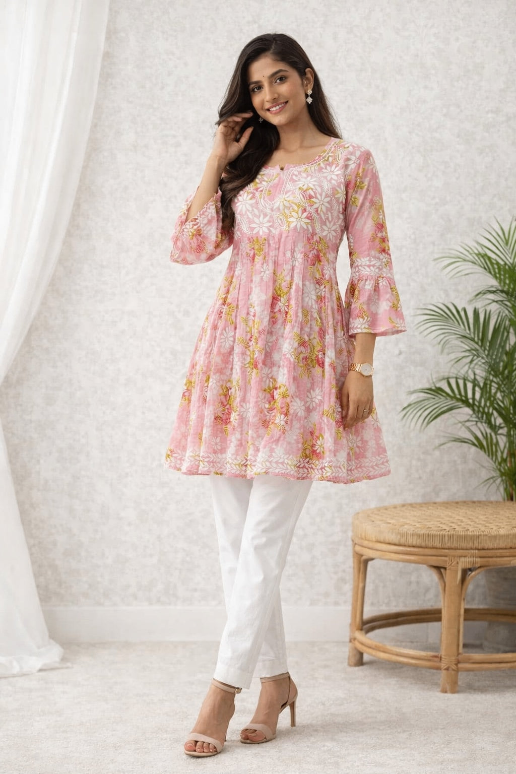 Karigiri Lucknowi Chikankari Flared Frock Style Short Kurti_KF0086