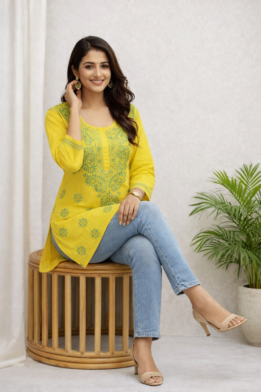 Karigiri Yellow Lucknowi Chikankari Short Hip Length Kurti with Green Thread Work, Hand Embroidered Pure Cotton, Straight Fit, Three-Quarter Sleeves, Round Neck