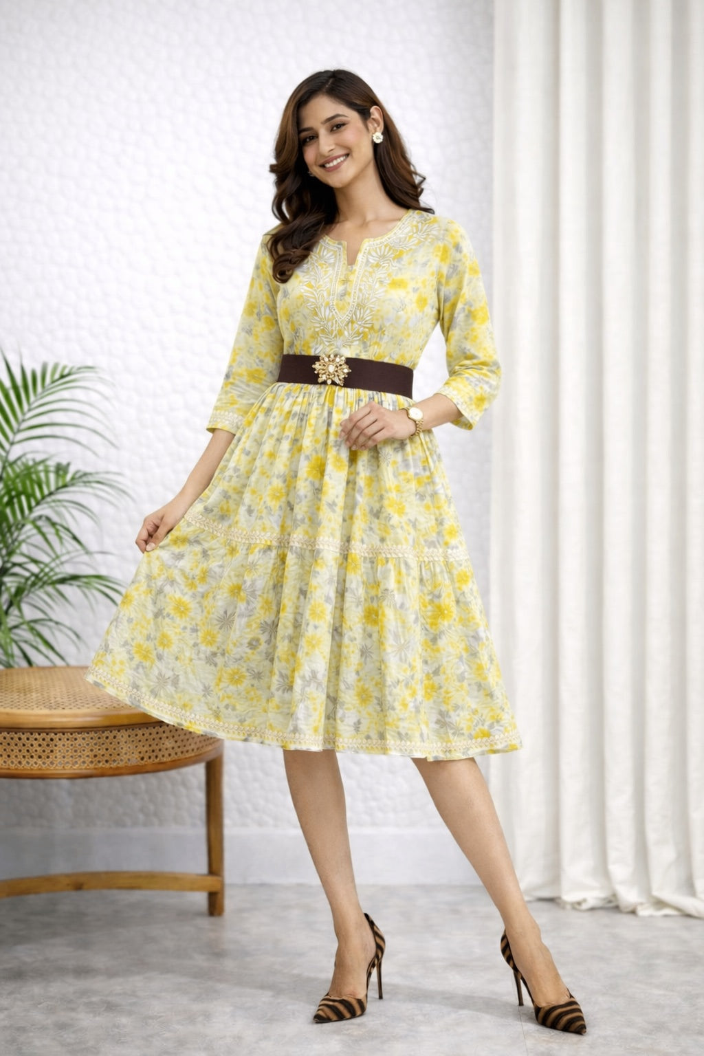 Karigiri Yellow Floral Chikankari Frock Kurti_KF0045