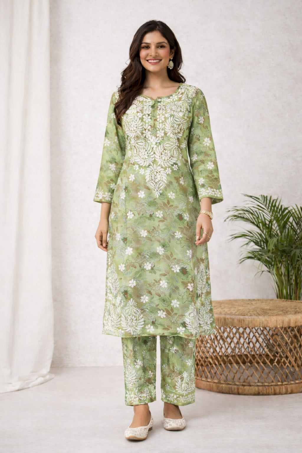 Karigiri Sage Green Floral Chikankari Printed Cotton Kurti Set_KF0167