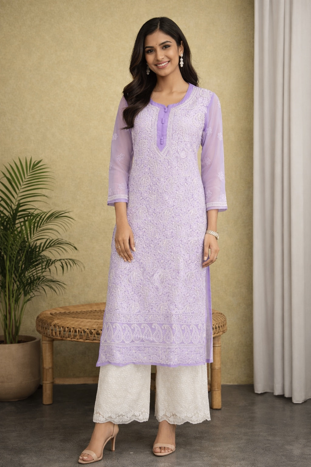 Karigiri Lavender Chikankari Front Allover work Georgette Kurti Women_KF0109