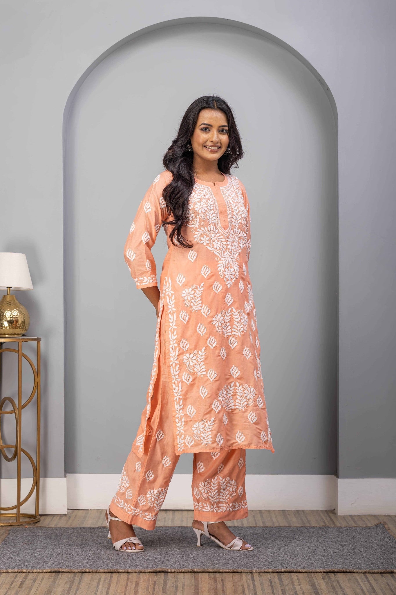 Karigiri Peach Chikankari Hand Embroidered Muslin Kurti Set with White Floral Motifs, 3/4 Sleeves