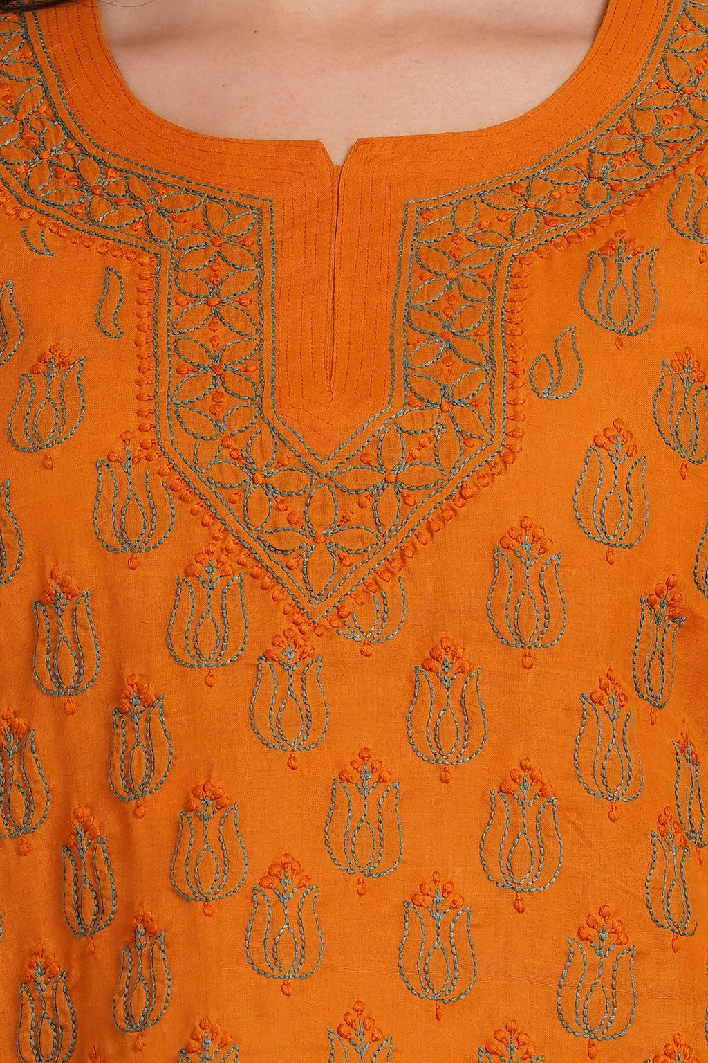 Karigiri Mustard Yellow Chikankari Hand Embroidered Pure Cotton Short Kurti, 3/4 Sleeve, Ethnic Casual Wear