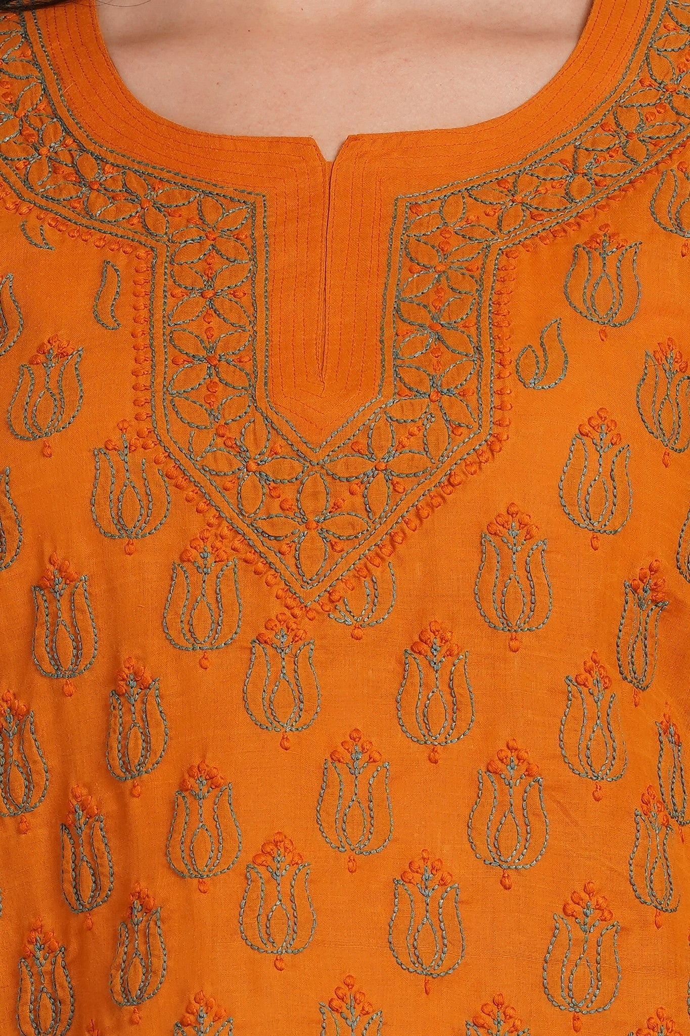 Karigiri Mustard Yellow Chikankari Hand Embroidered Pure Cotton Short Kurti, 3/4 Sleeve, Ethnic Casual Wear