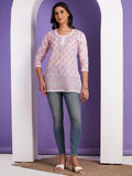 Karigiri Pink Lucknowi Chikankari Hand Embroidered Pure Cotton Straight Hip-Length Short Kurti, 3/4 Sleeve, Ethnic Casual Wear for Women