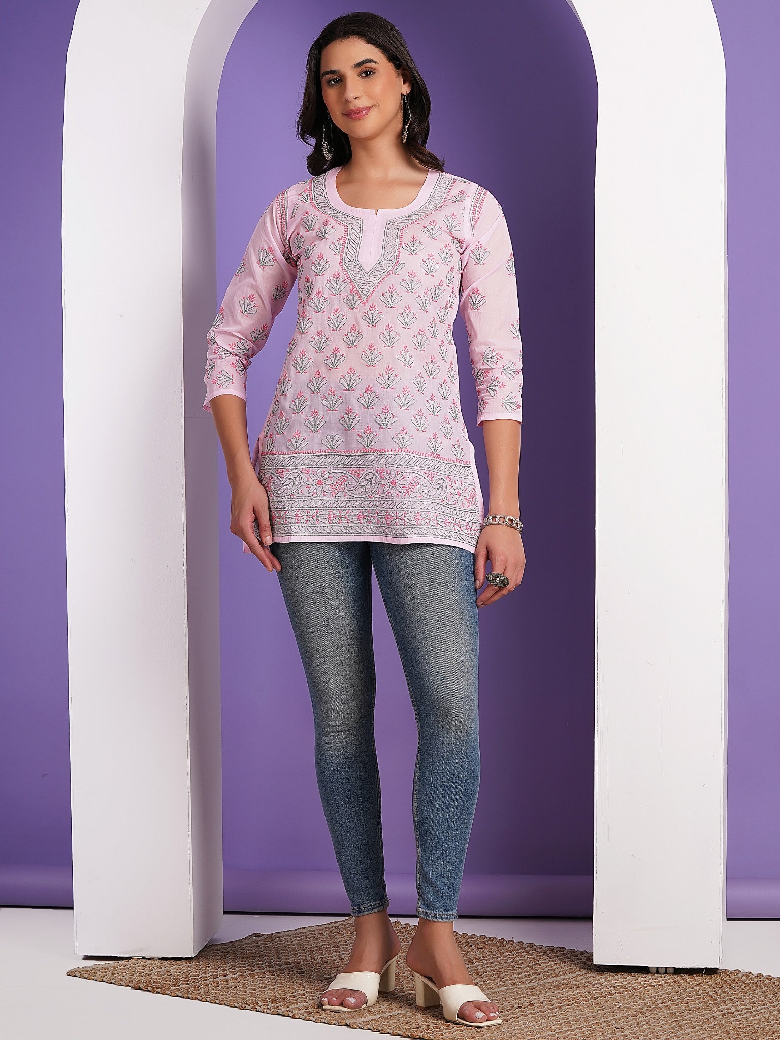 Karigiri Pink Lucknowi Chikankari Hand Embroidered Pure Cotton Straight Hip-Length Short Kurti, 3/4 Sleeve, Ethnic Casual Wear for Women