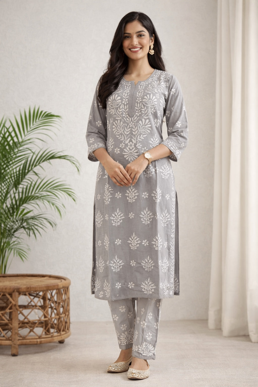 Karigiri Grey Floral Chikankari Kurti Set_KF0031