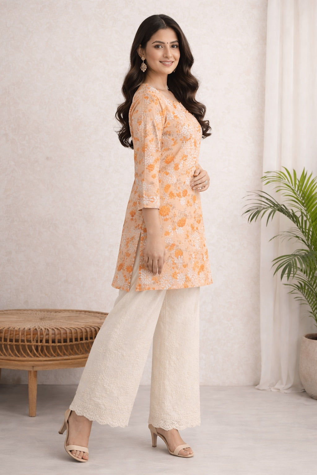 Karigiri Peach Floral Chikankari Printed Cotton Short Kurti_KF0143