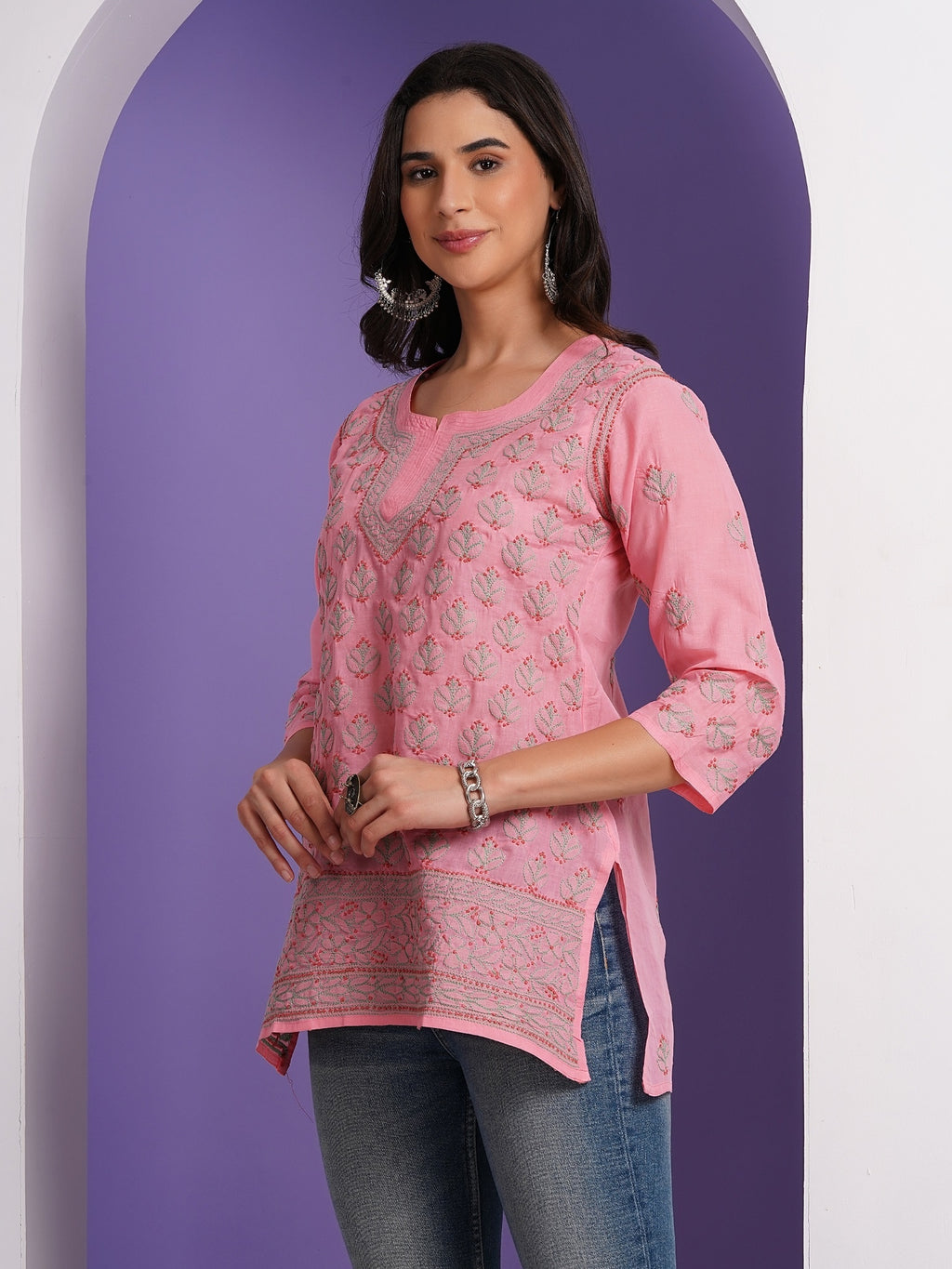Karigiri Lucknowi Chikankari Hand Embroidered Pure Cotton Straight Hip Length Short Kurti, 3/4 Sleeve, Ethnic Wear for Women