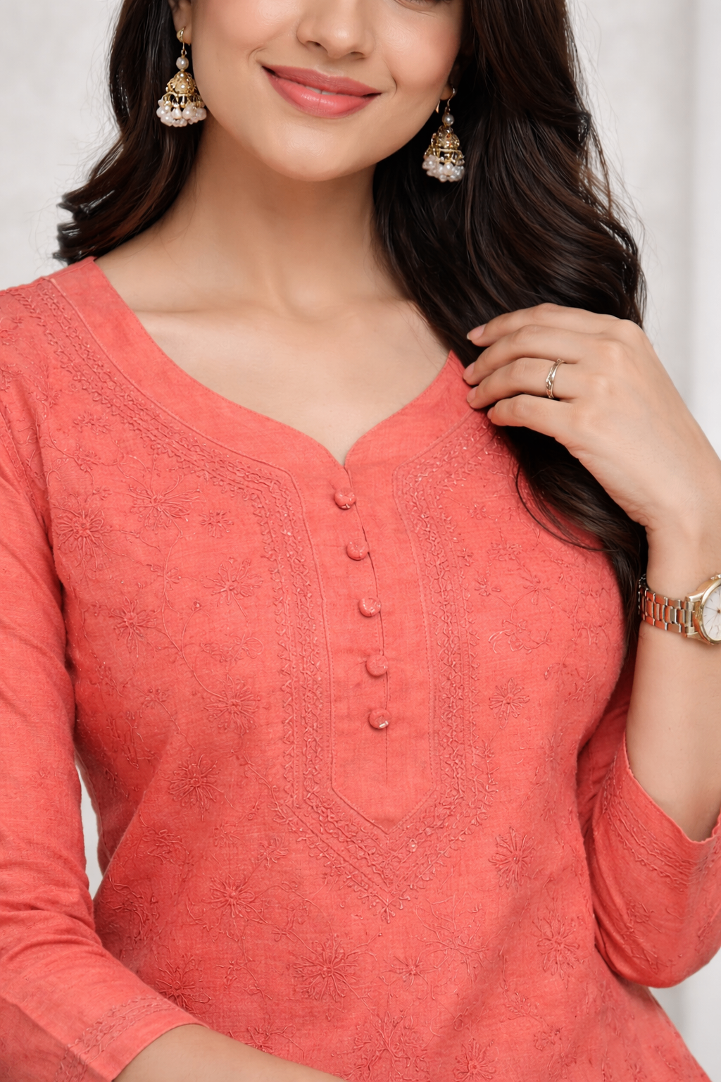 Karigiri Coral Peach Chikankari Cotton Kurti Women_KF0027