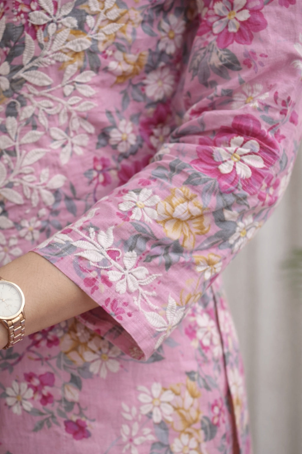Karigiri Pink Floral Chikankari Printed Cotton Kurti Set_KF0147