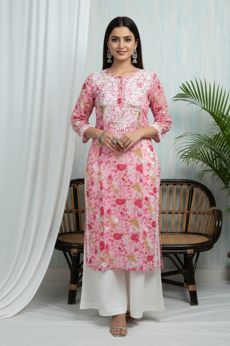 Karigiri Pink Floral Chikankari Printed Cotton Kurta_KF0218