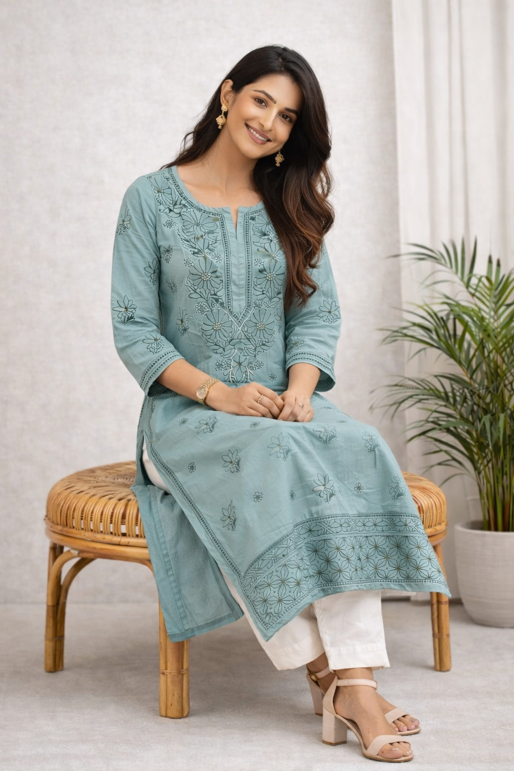 Karigiri Grey Chikankari Cotton Kurti Floral Work_KF0047