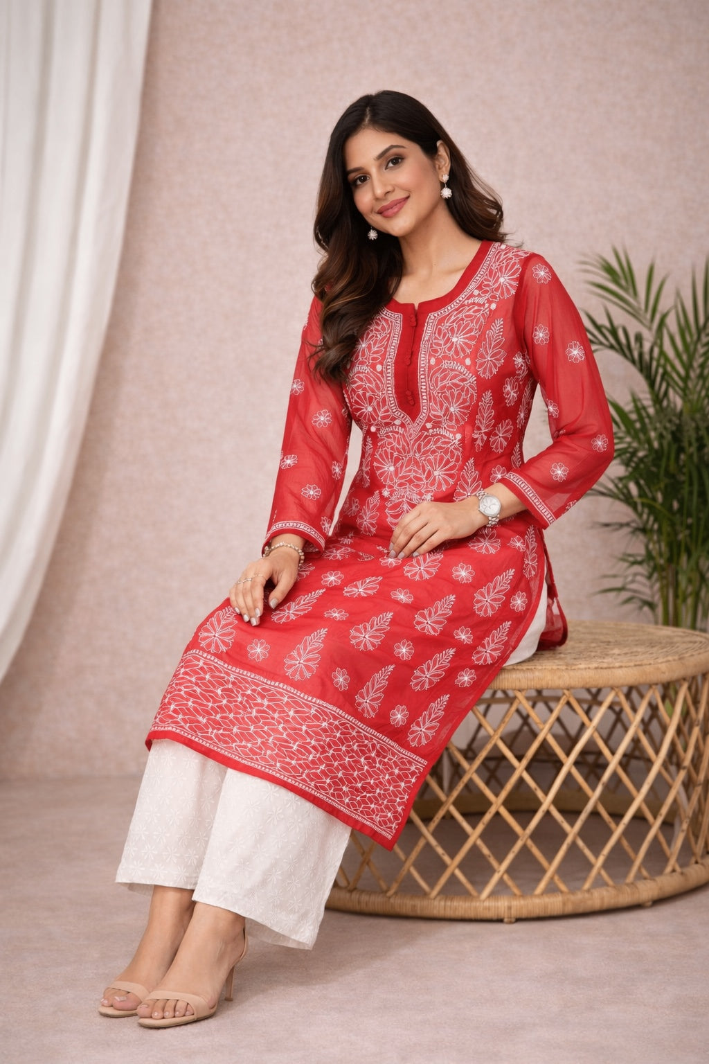 Karigiri Red Georgette Chikankari Kurti for Women_KF0171