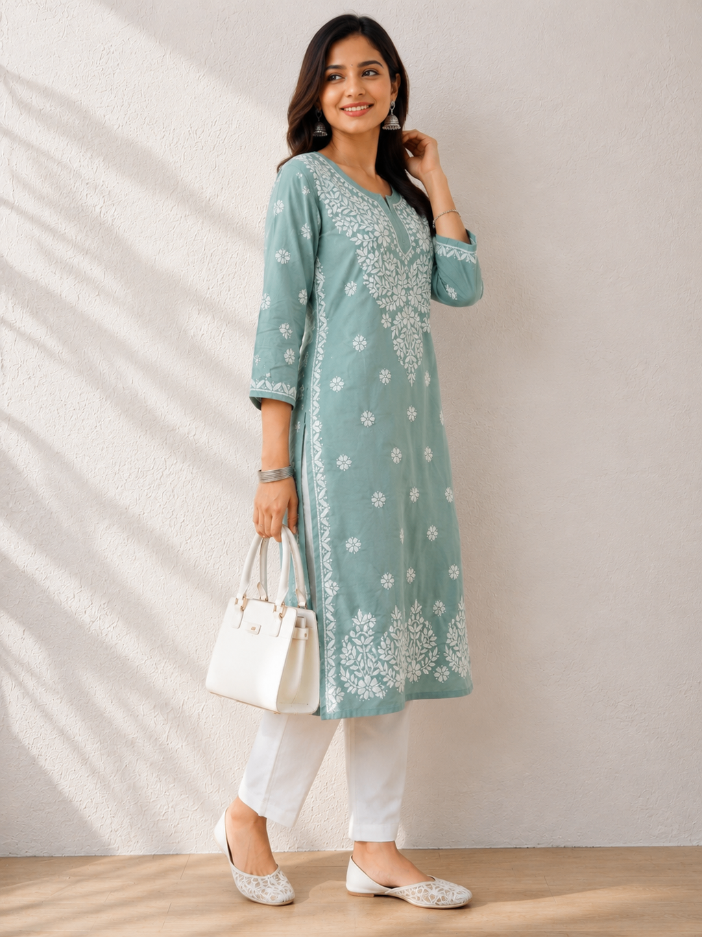 Karigiri Sage Green Lucknowi Chikankari Hand Embroidered Soft Mulmul Cotton Straight Kurti for Women, 3/4 Sleeve, Calf Length Ethnic Wear_KFSG0415