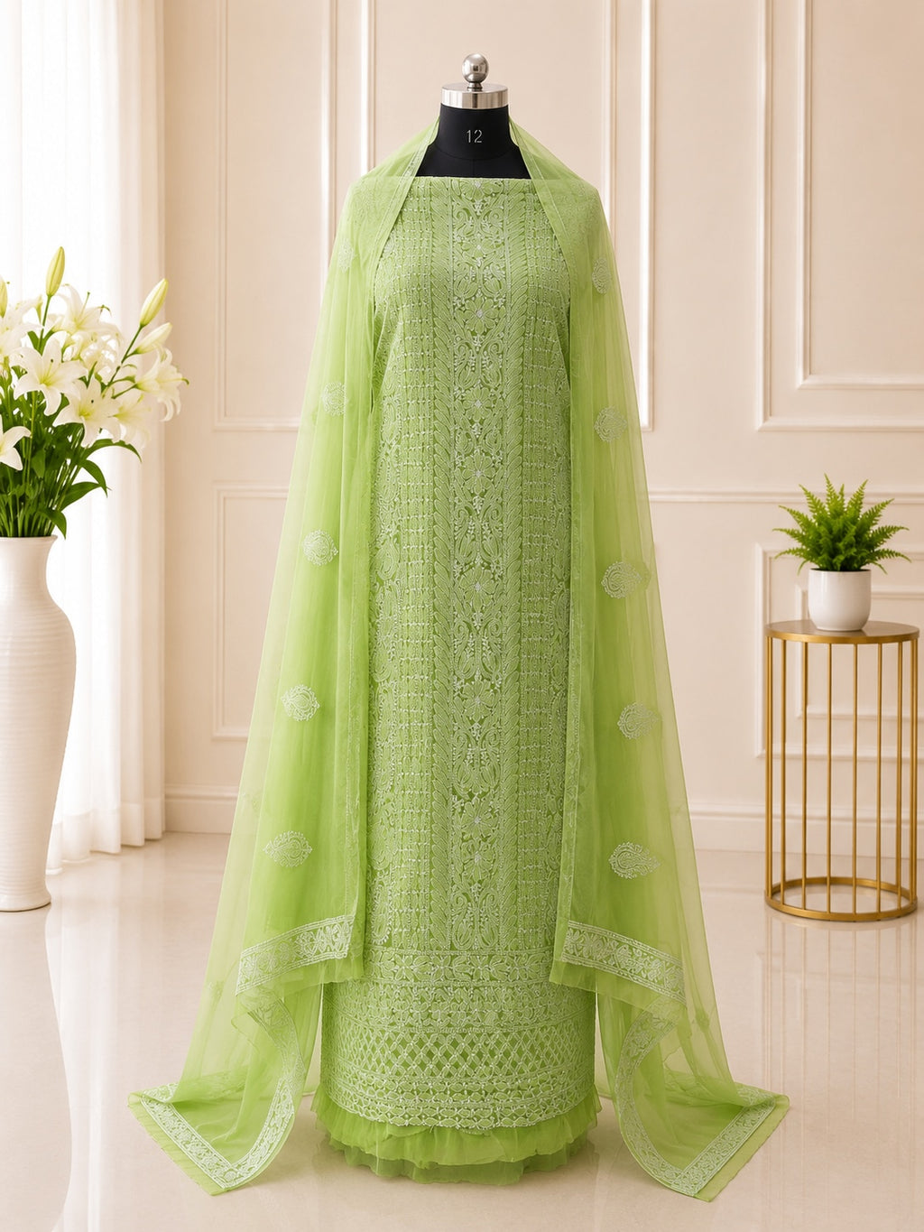 Karigiri Pista Green Chikankari Georgette 3-Piece Dress Material