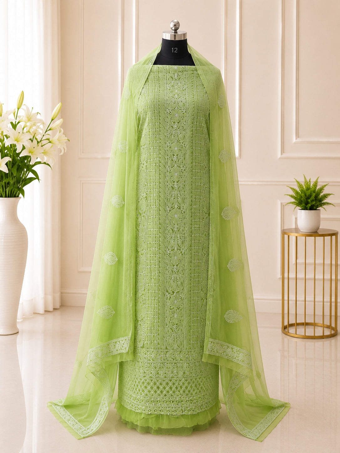 Karigiri Pista Green Chikankari Georgette 3-Piece Dress Material