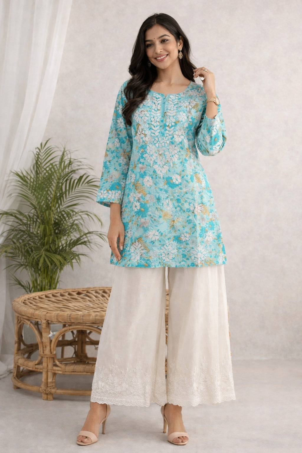 Karigiri Turquoise Blue Chikankari Printed Cotton Short Kurti_KF0187