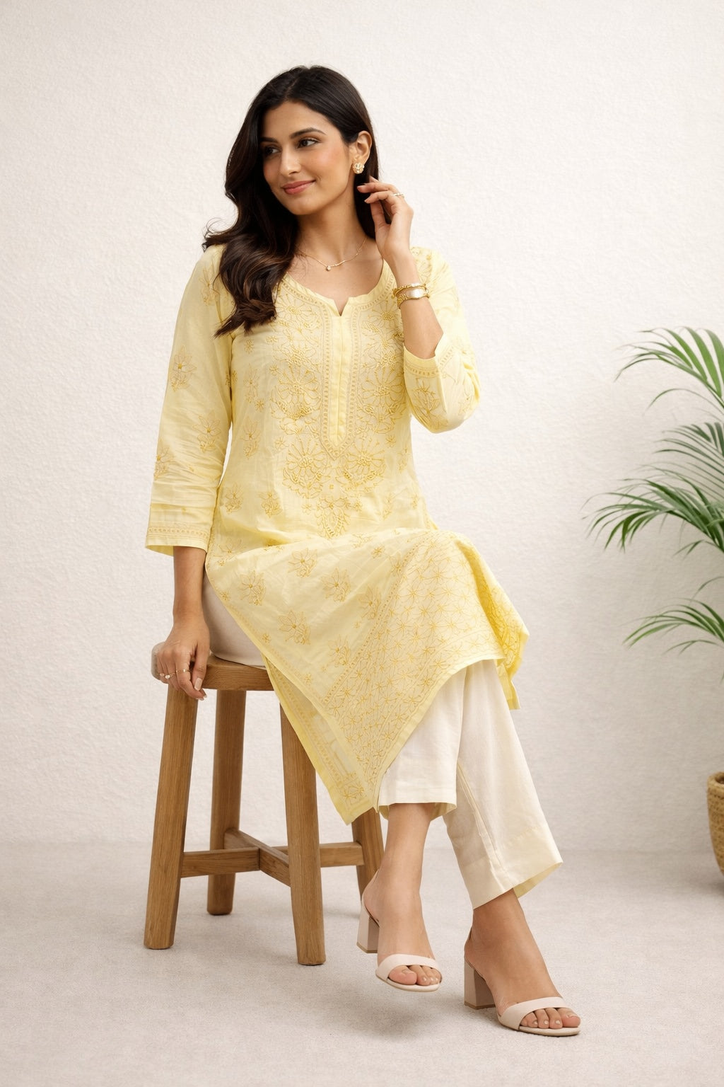 Karigiri Soft Yellow Chikankari Cotton Kurti_KF0094