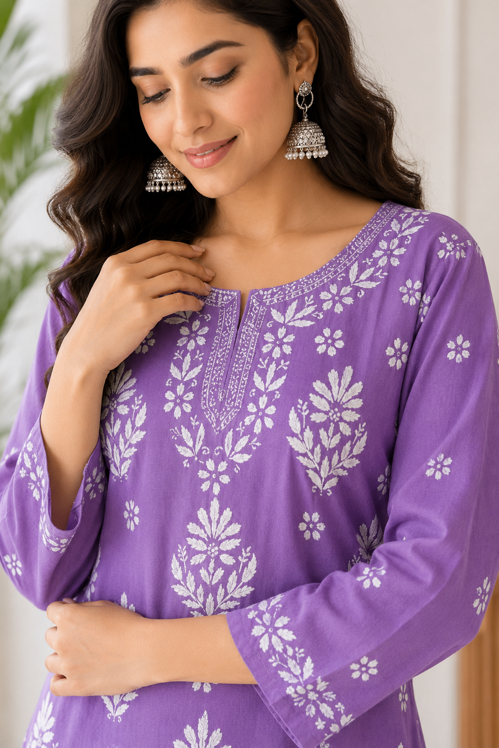 Karigiri Purple Chikankari Soft Mulmul Cotton Kurti_KF0161