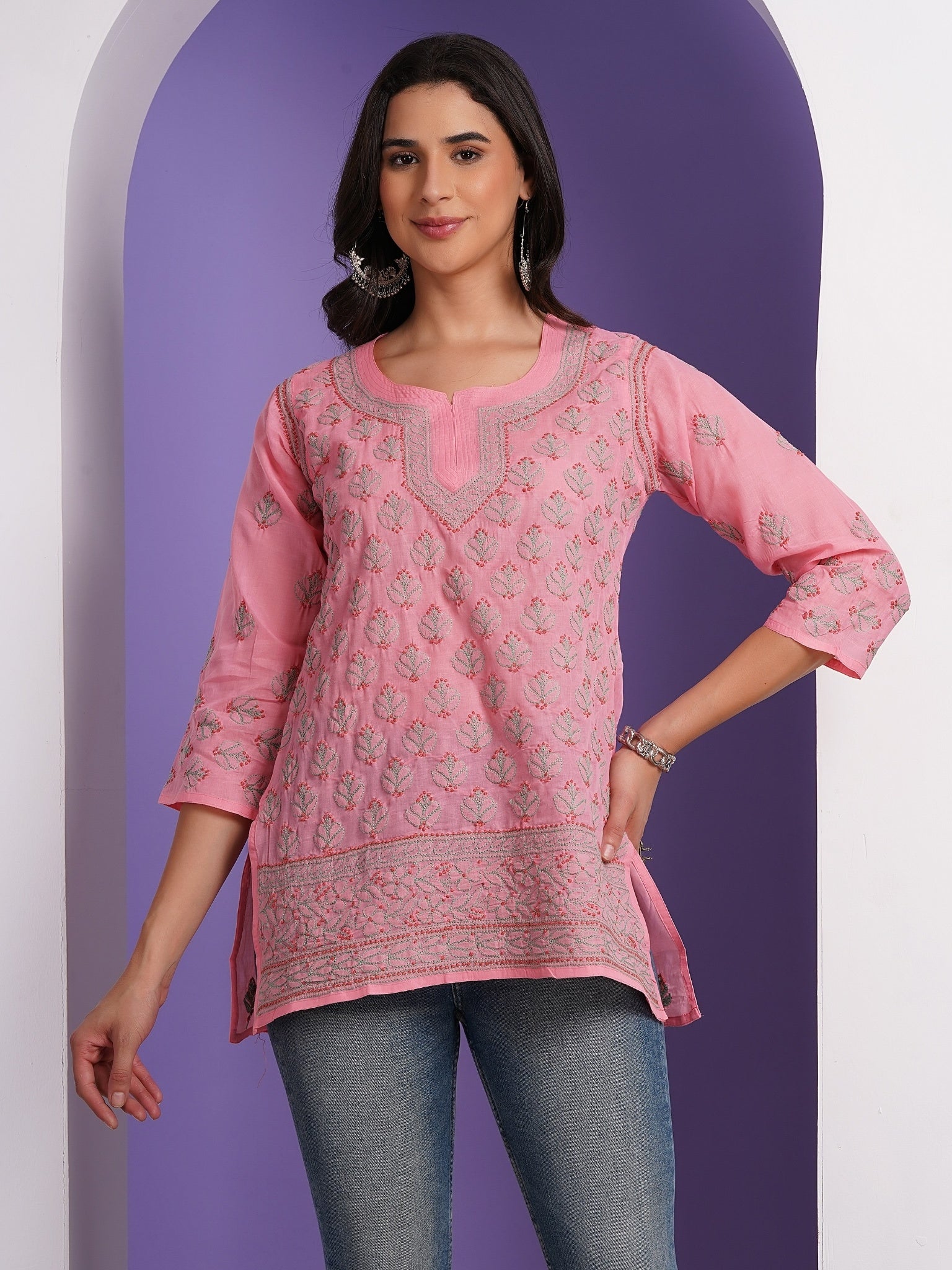 Karigiri Lucknowi Chikankari Hand Embroidered Pure Cotton Straight Hip Length Short Kurti, 3/4 Sleeve, Ethnic Wear for Women