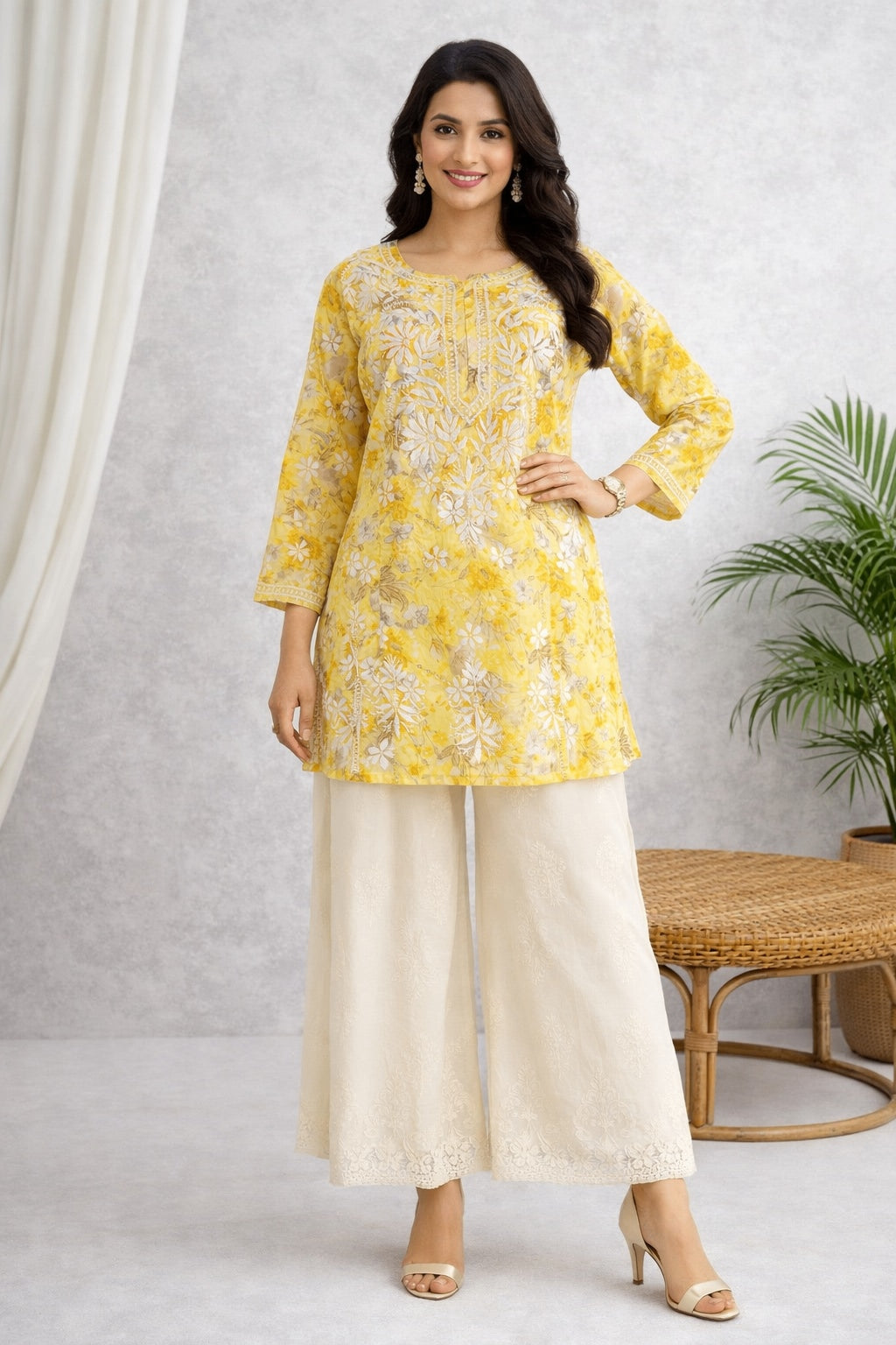 Karigiri Yellow Chikankari Short Kurti for Women_KF0057