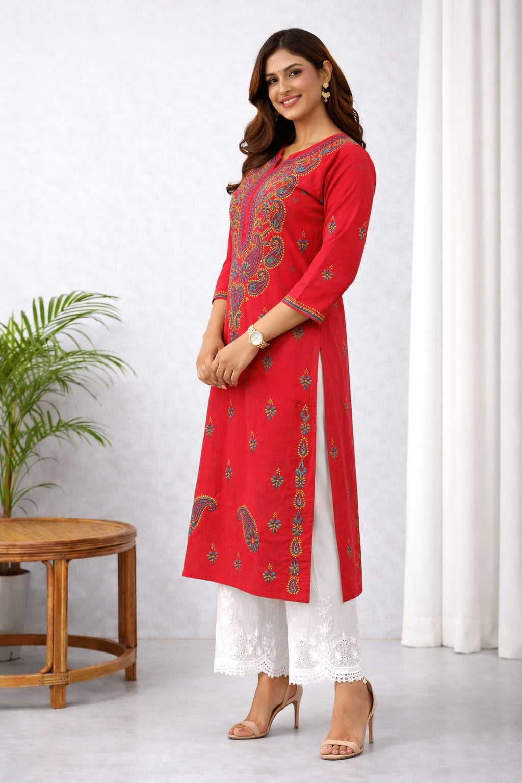Karigiri Red Chikankari Cotton Kurti for Women_KF0082