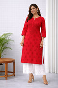 Karigiri Red Lucknowi Chikankari Cotton Kurti Women_KF0064