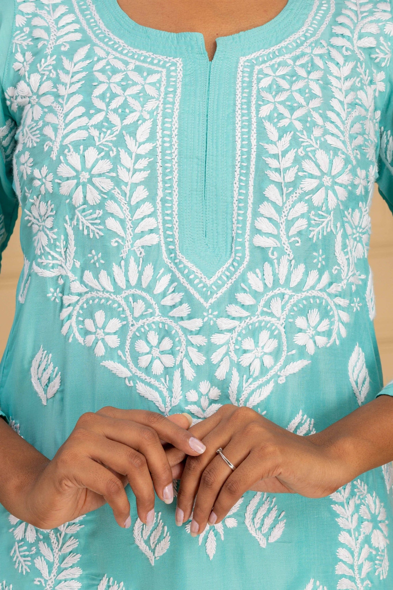 Karigiri Aqua Green Chikankari Hand Embroidered Muslin Kurti Set with White Floral Motifs, 3/4 Sleeves