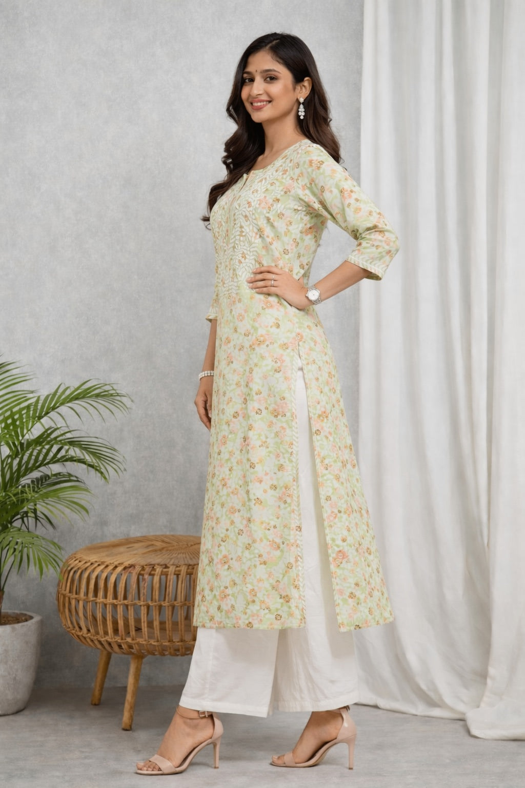 Karigiri Pastel Green Chikankari Printed Cotton Kurti_KF0061