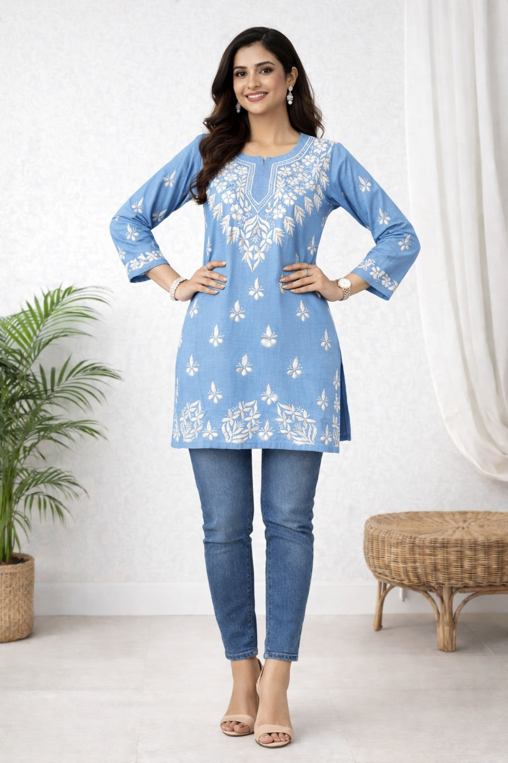 Karigiri Blue Chikankari Rayon Short Kurti Women_KF0017