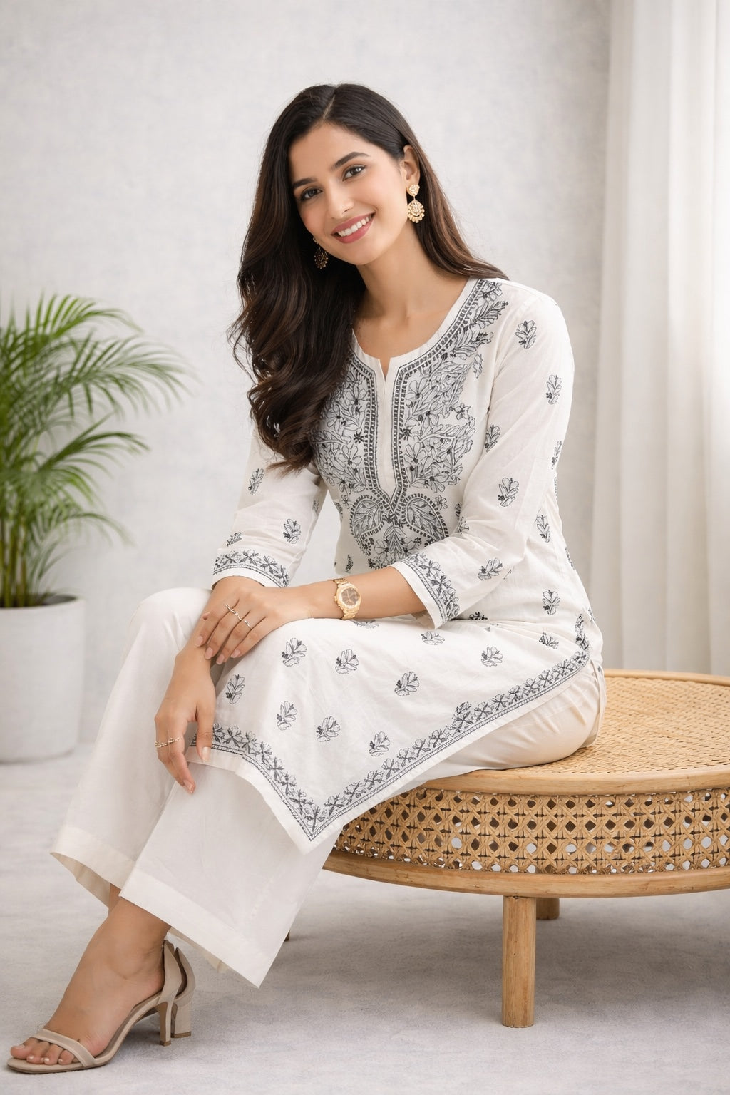 Karigiri White Chikankari Cotton Kurti 3/4 Sleeve_KF0204