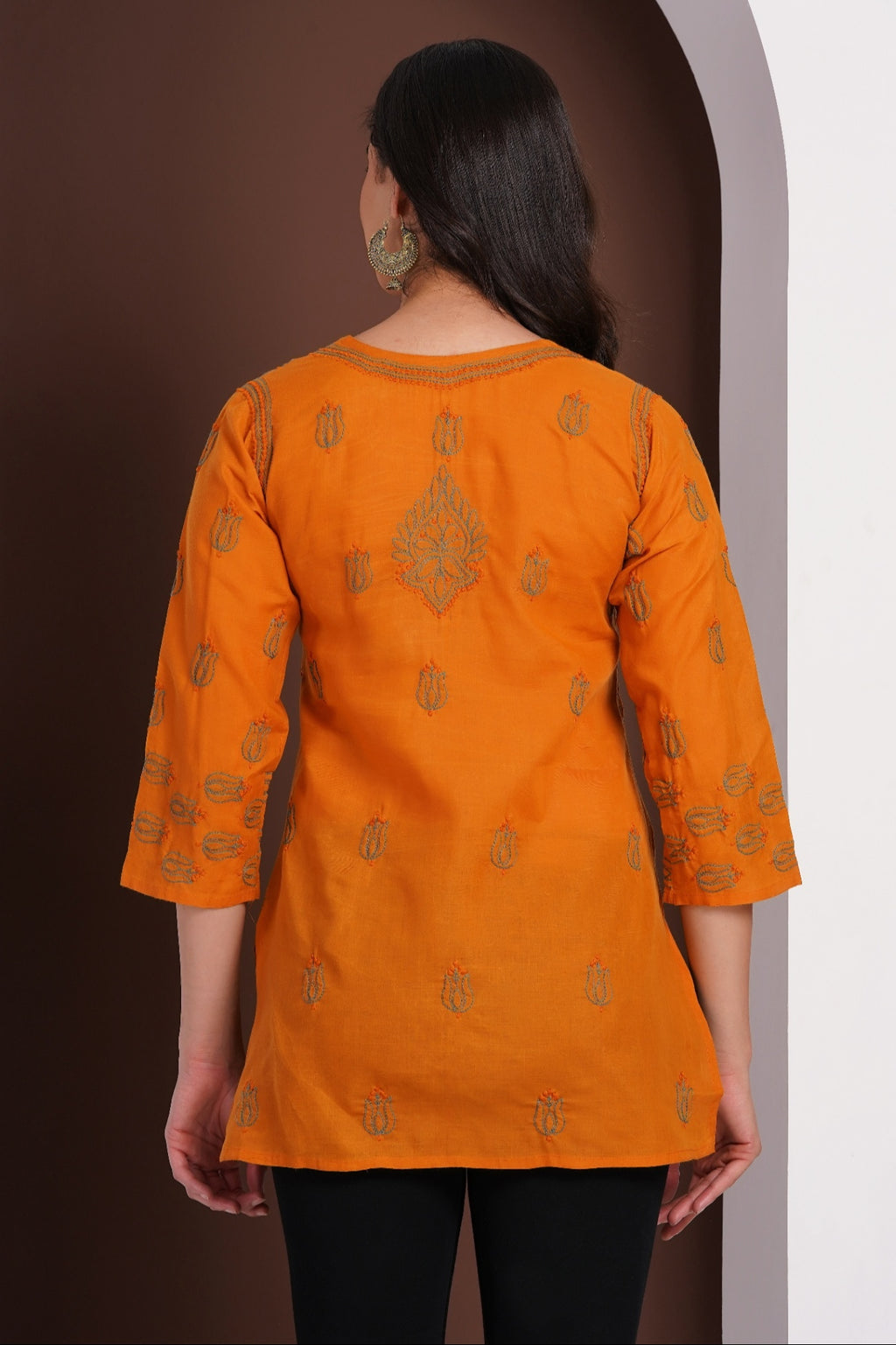 Karigiri Mustard Yellow Chikankari Hand Embroidered Pure Cotton Short Kurti, 3/4 Sleeve, Ethnic Casual Wear