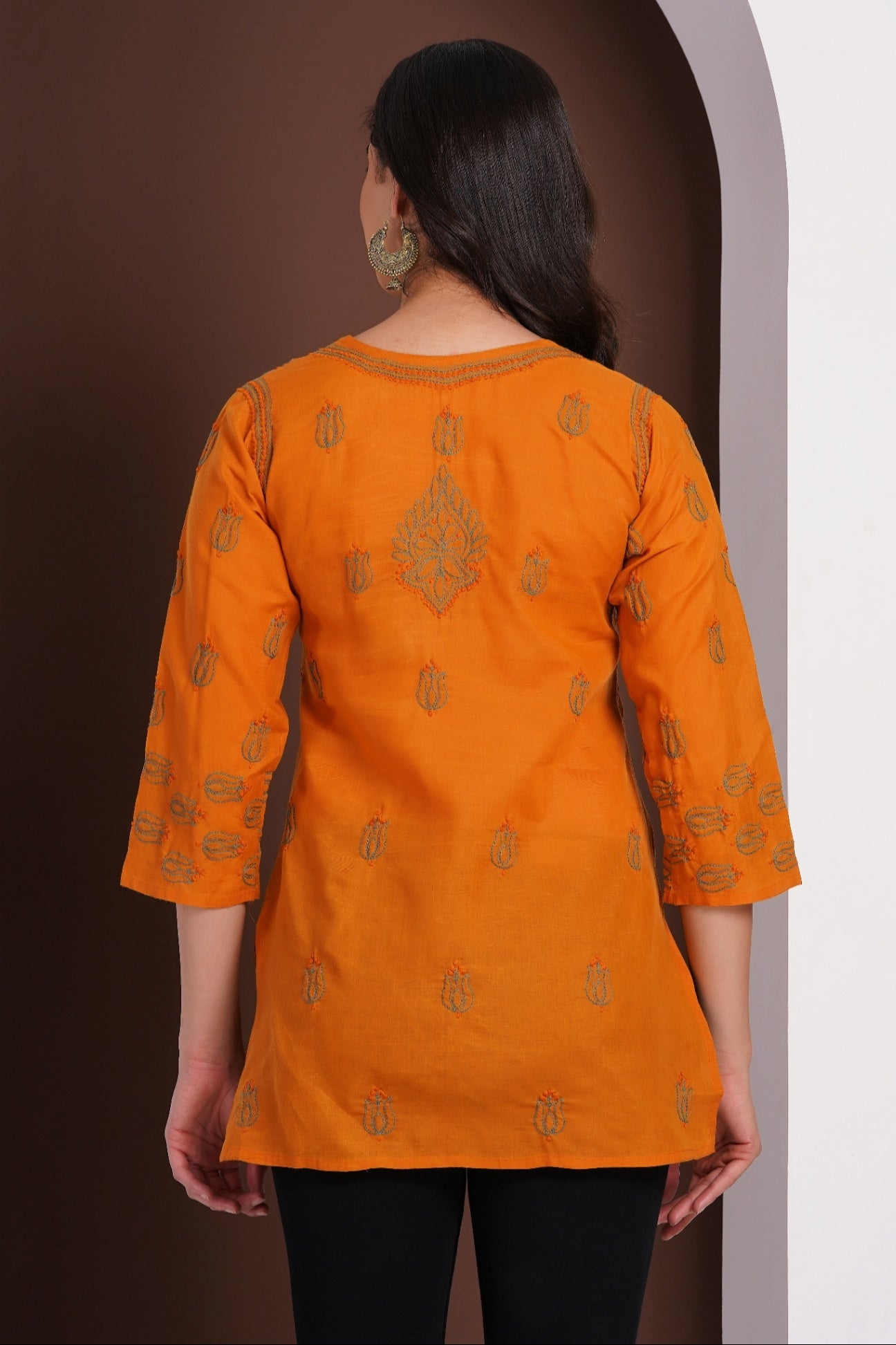 Karigiri Mustard Yellow Chikankari Hand Embroidered Pure Cotton Short Kurti, 3/4 Sleeve, Ethnic Casual Wear
