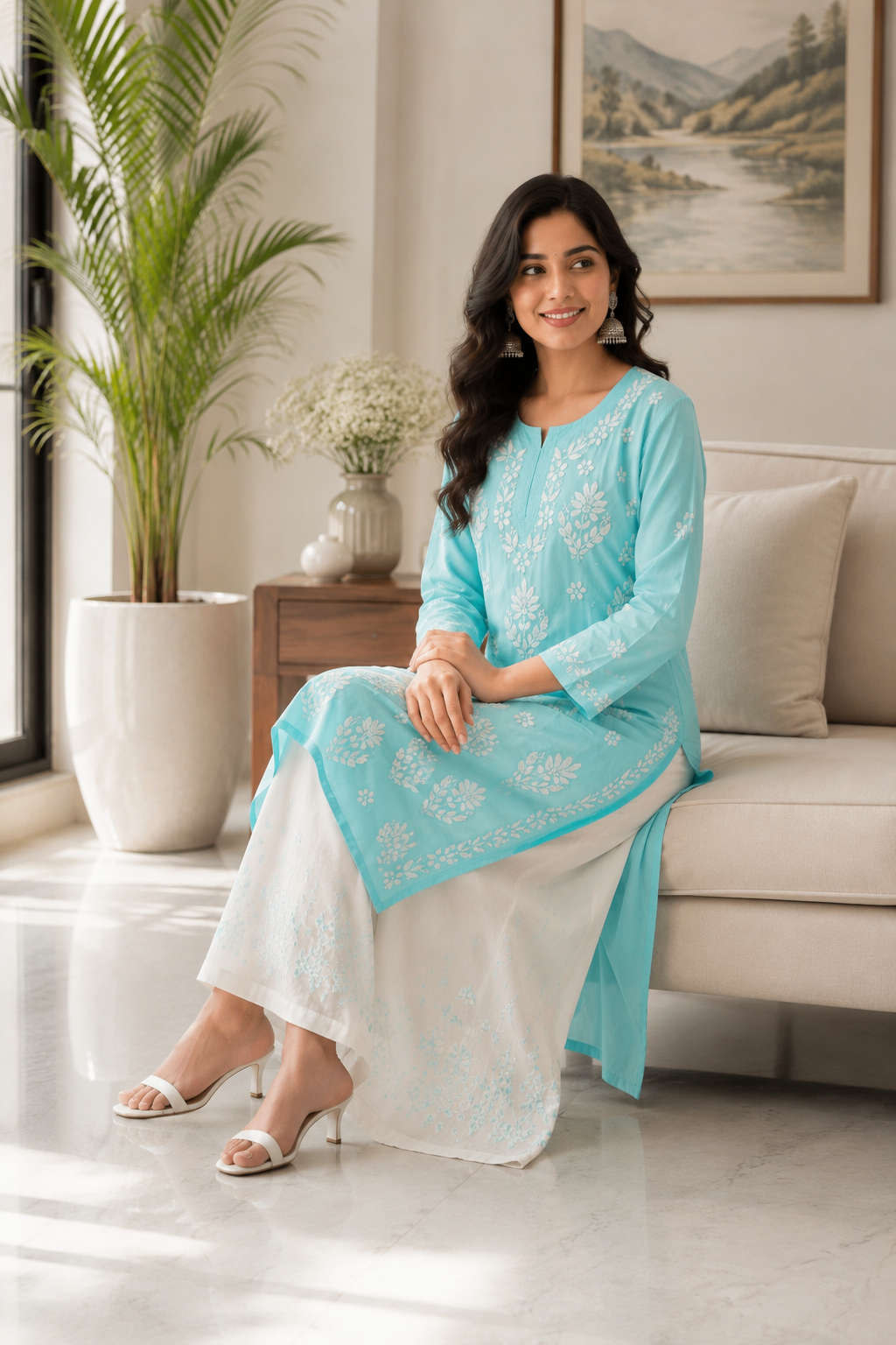Karigiri Powder Blue Chikankari Cotton Kurti_KF0159