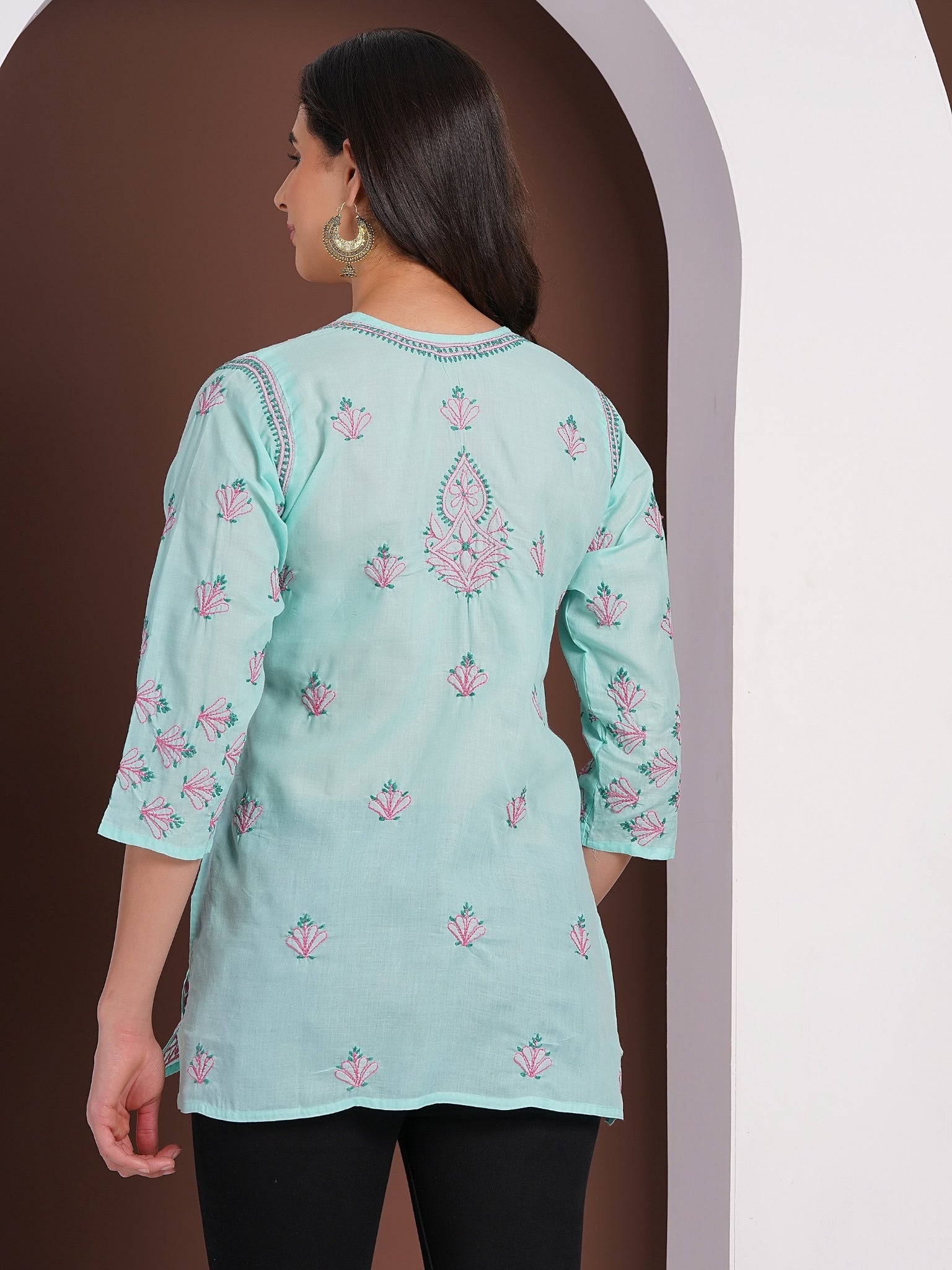 Karigiri Lucknowi Chikankari Hand Embroidered Pure Cotton Short Kurti, Mint Green, Traditional Ethnic Wear