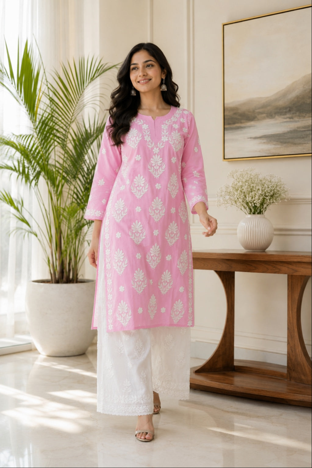 Karigiri Baby Pink Chikankari Mulmul Cotton Kurti_KF0005