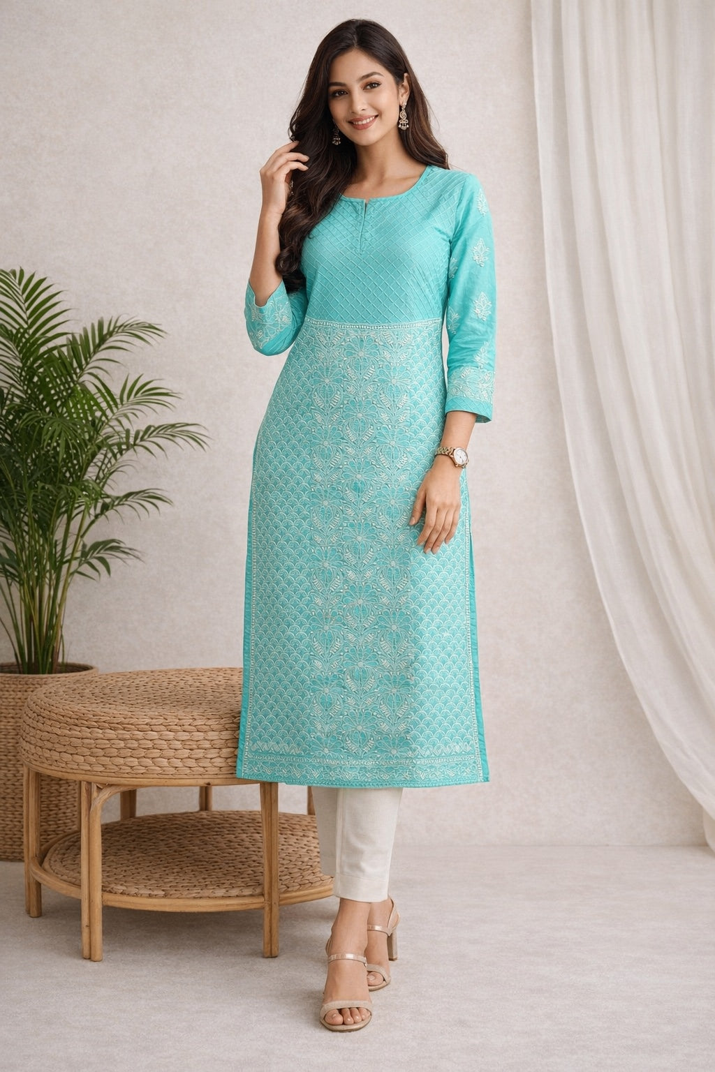 Karigiri Sea Green Chikankari Cotton Front Allover work Kurti, Women_KF0072