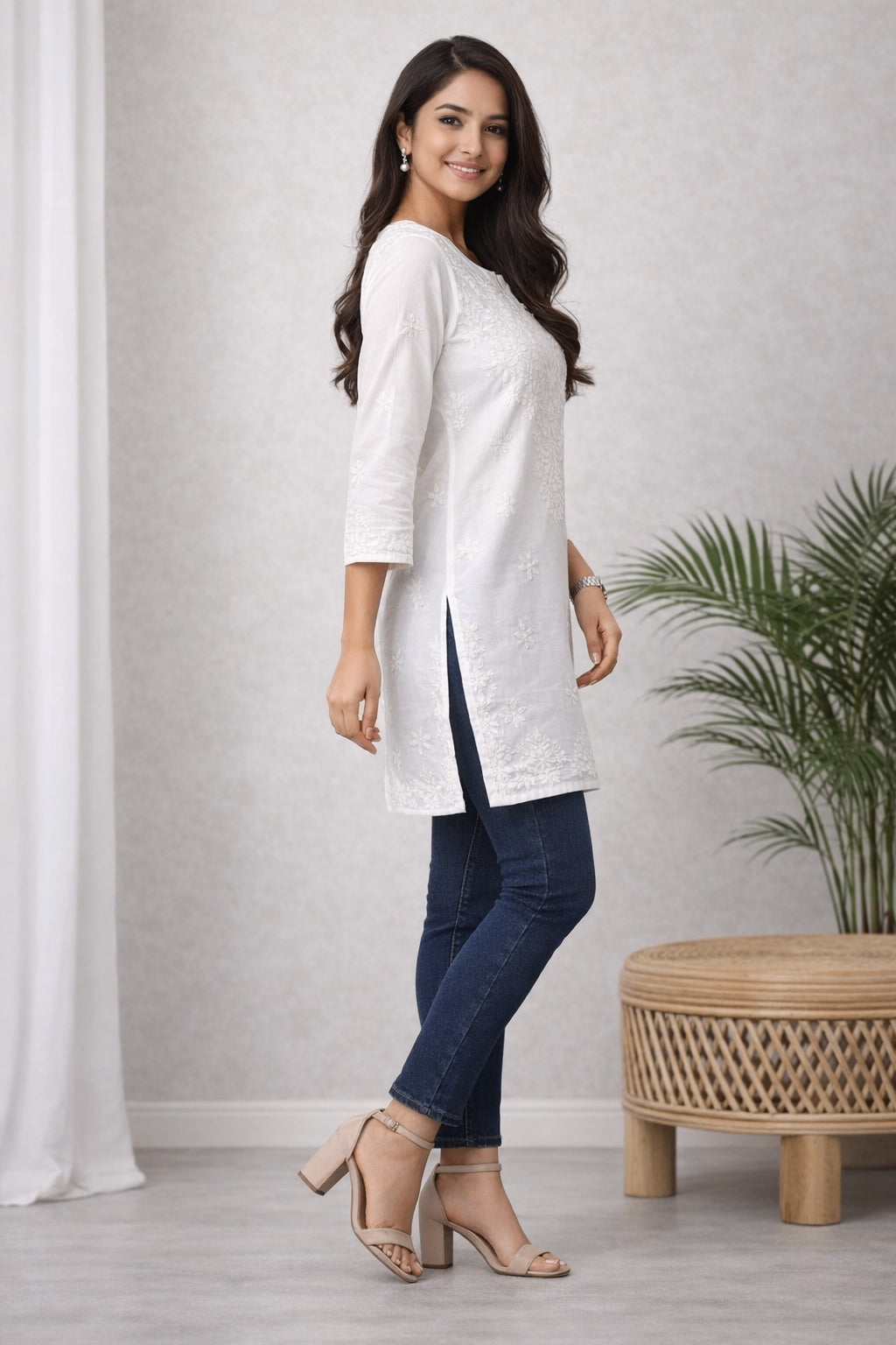 Karigiri White Chikankari Rayon Short Kurti_KF0201