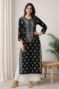 Karigiri Black Chikankari Rayon Cotton Kurti Women_KF0101