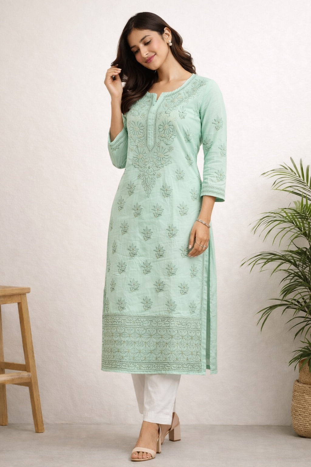 Karigiri Mint Green Chikankari Pure Cotton Kurti Women_KF0090