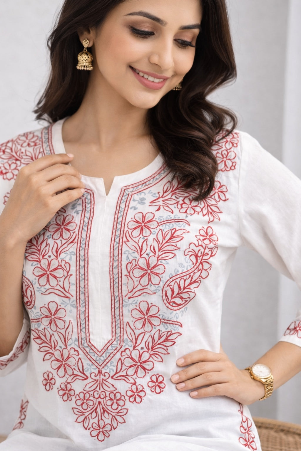 Karigiri White Chikankari Cotton Kurti Red thread Floral_KF0137
