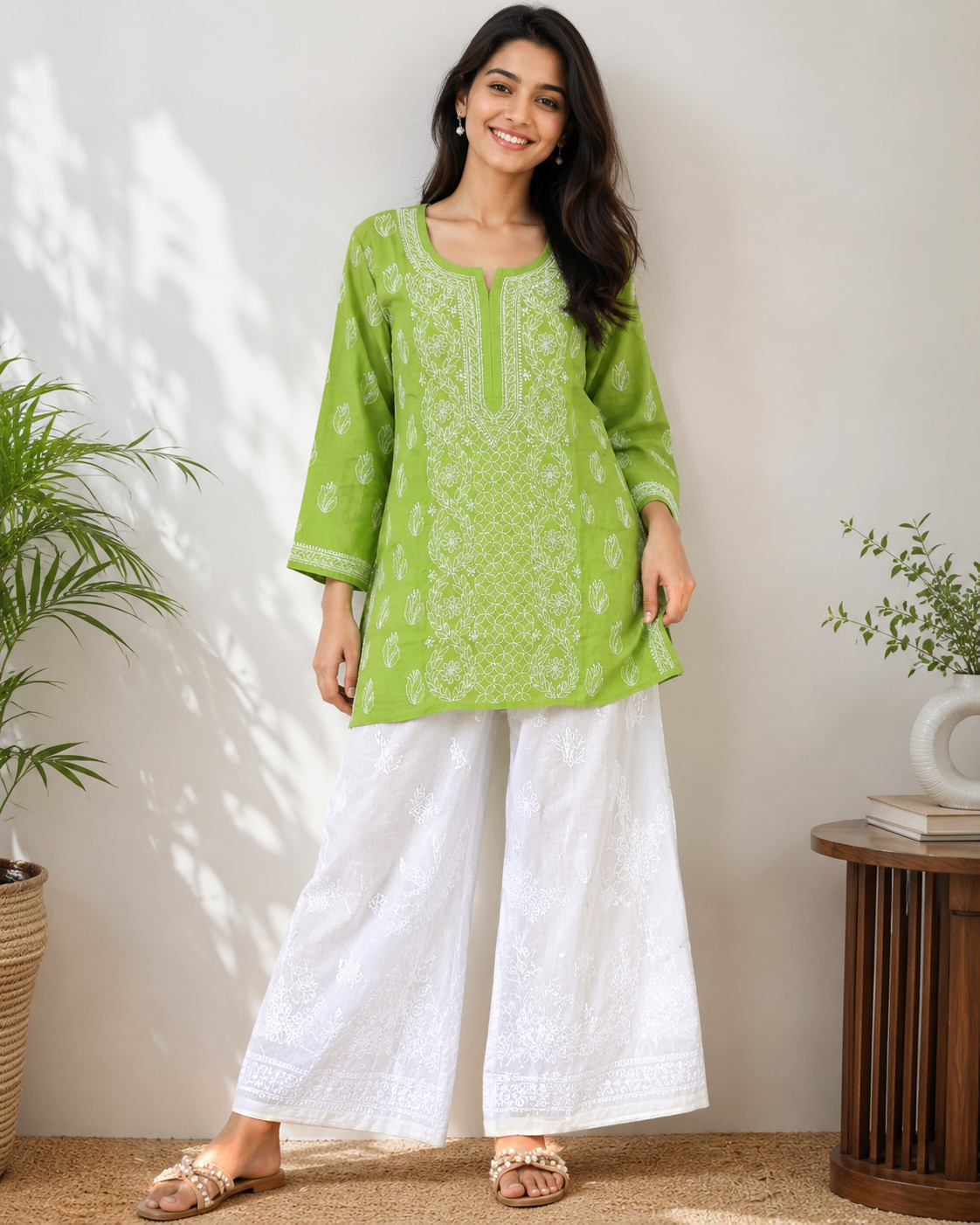 Karigiri Lime Green Floral Chikankari Cotton Short Kurti_KF0300