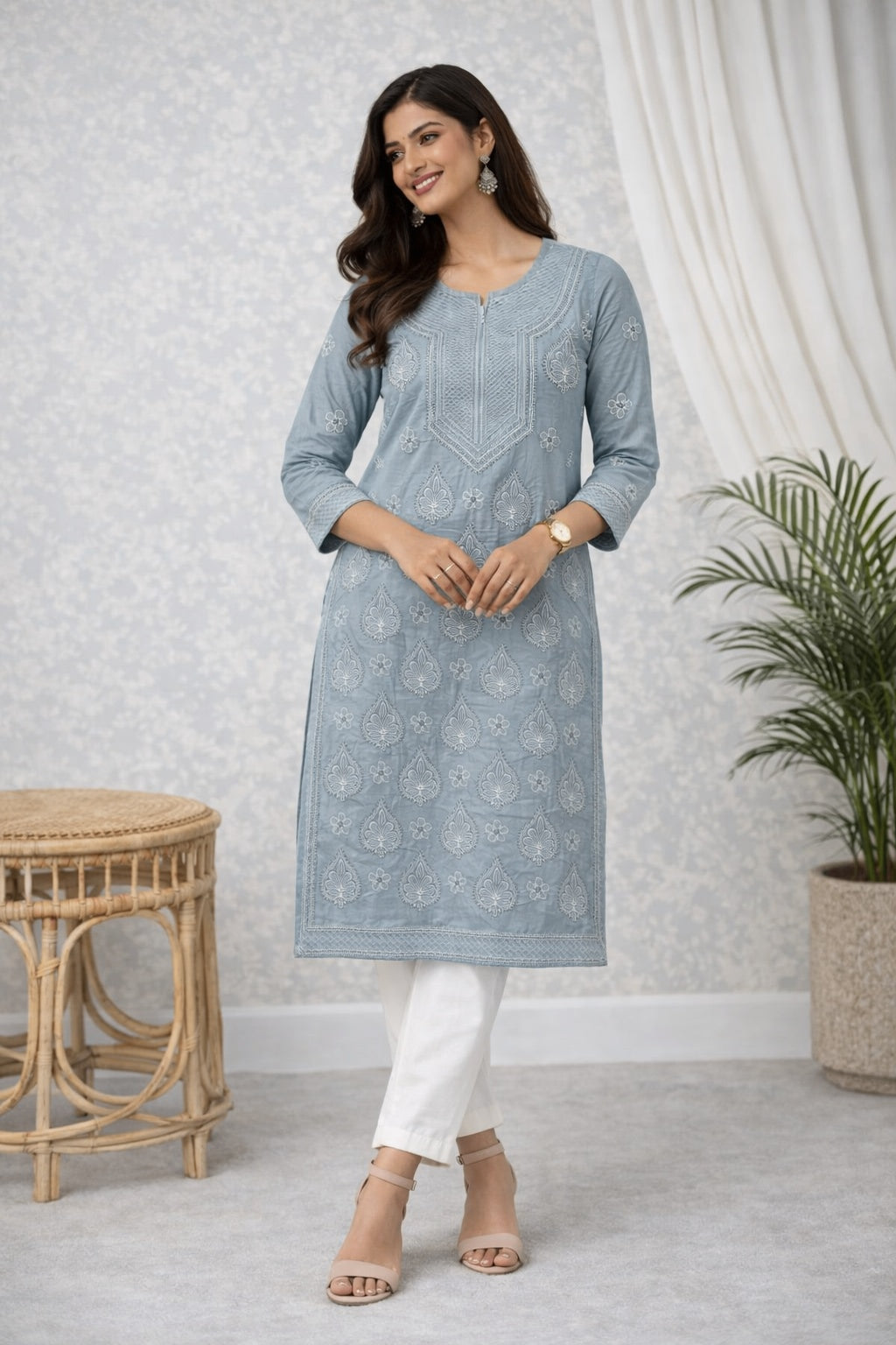 Karigiri Grey Chikankari Cotton Kurti Floral_KF0088