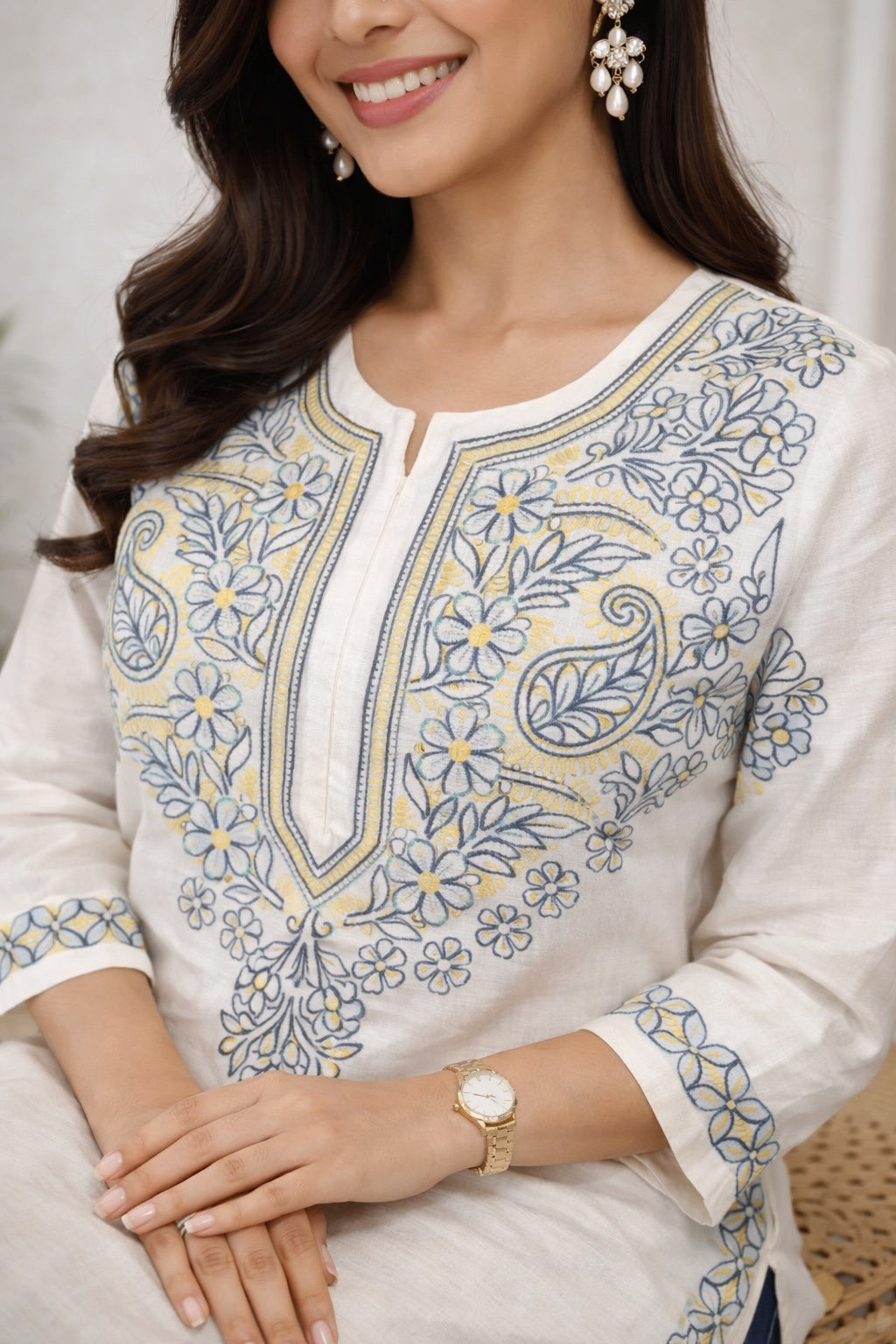 Karigiri Ivory Grey Lucknowi Chikankari Hand Embroidered Cotton Straight Kurta Kurti, 3/4 Sleeve, Calf Length Ethnic Wear for Women
