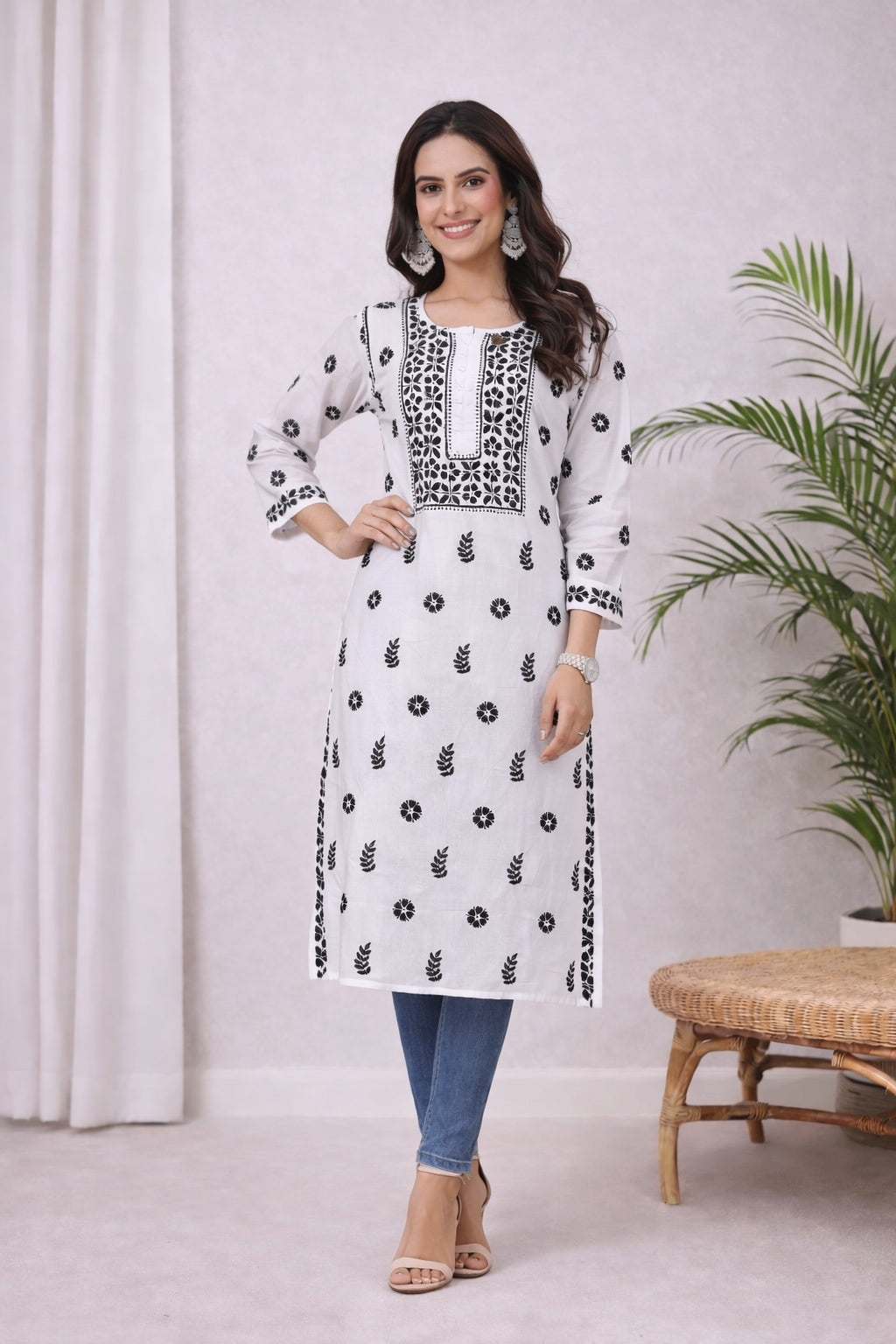 Karigiri White & Black Lucknowi Chikankari Cotton Kurta_KF0214