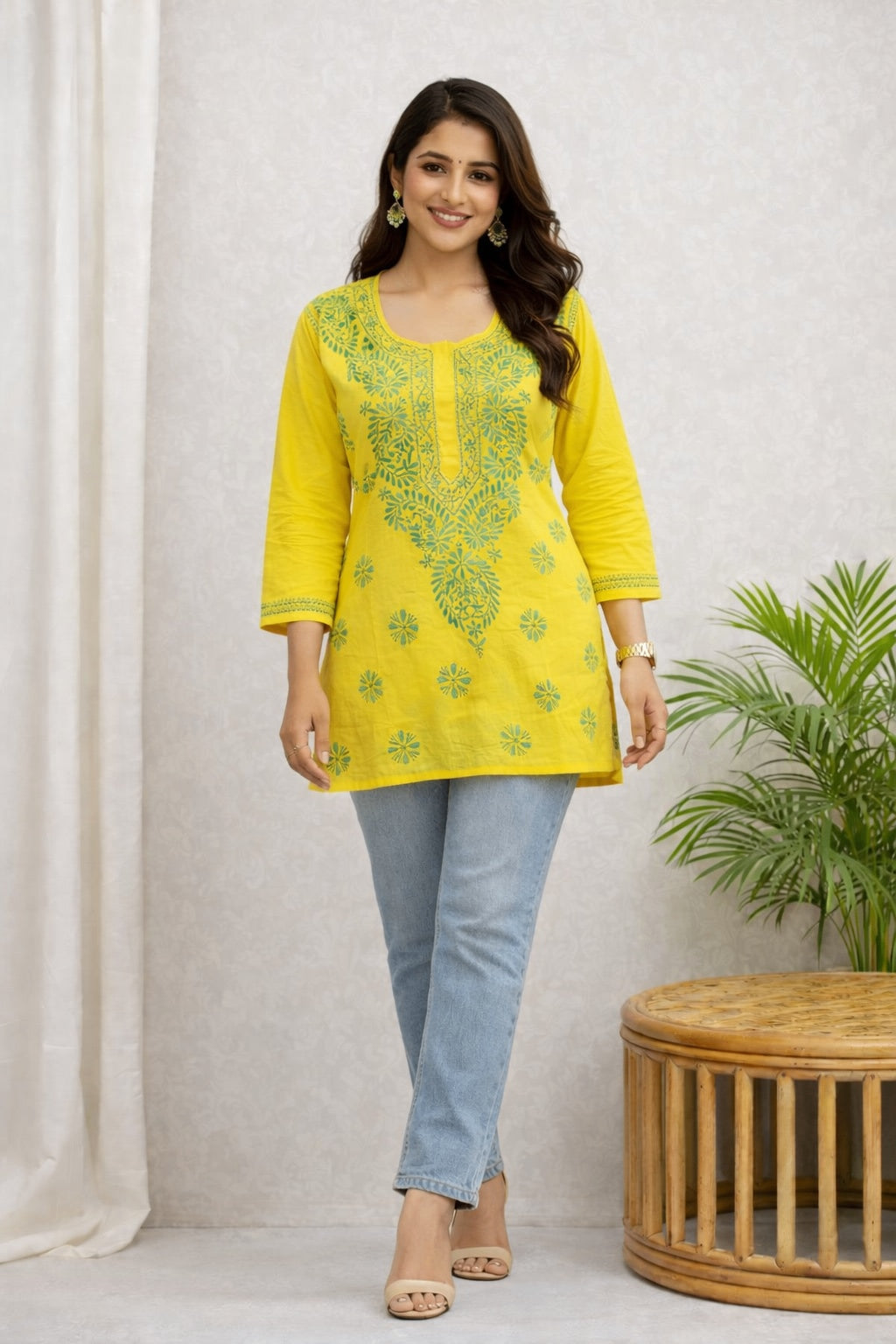 Karigiri Yellow Lucknowi Chikankari Short Hip Length Kurti with Green Thread Work, Hand Embroidered Pure Cotton, Straight Fit, Three-Quarter Sleeves, Round Neck