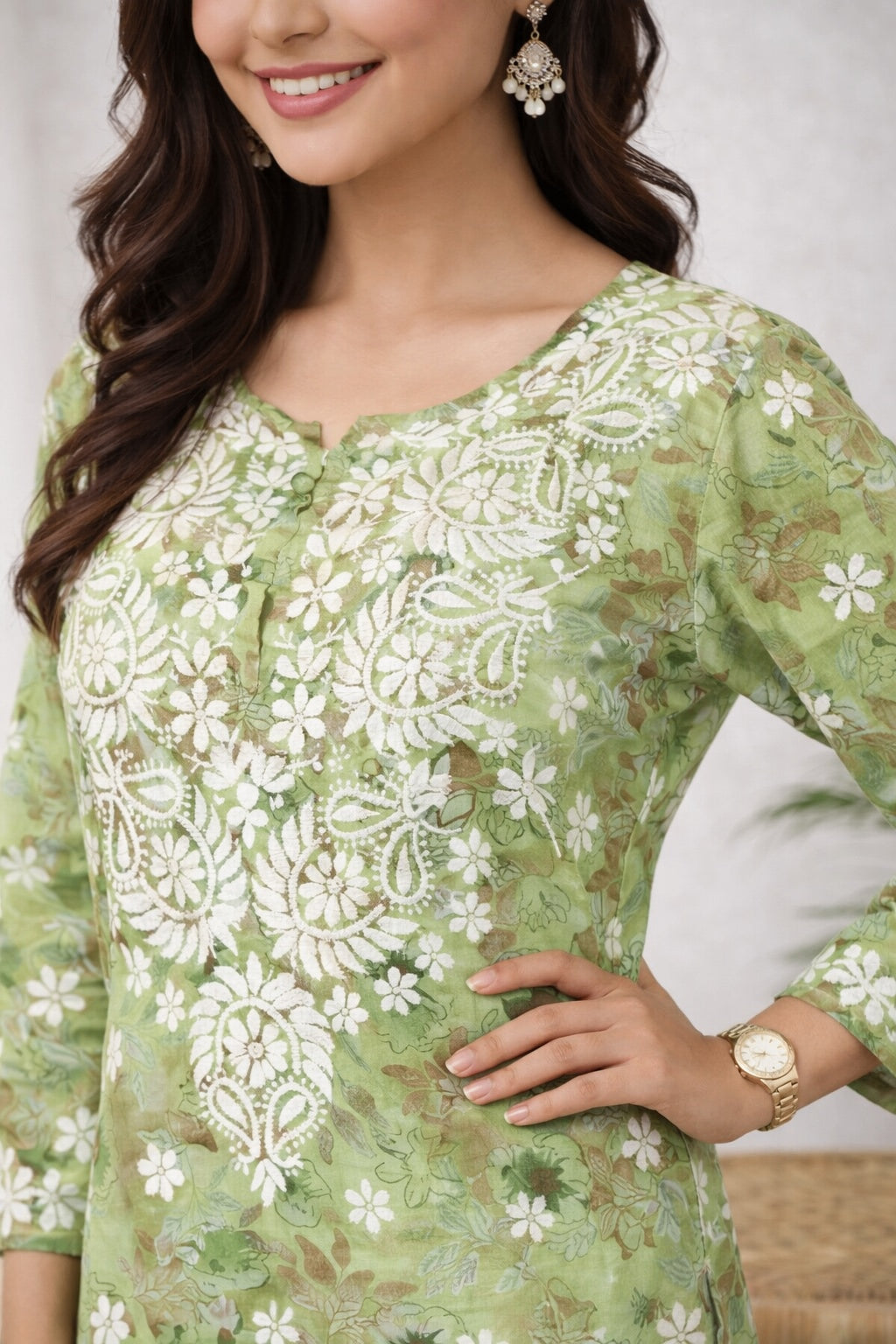 Karigiri Sage Green Floral Chikankari Printed Cotton Kurti Set_KF0167