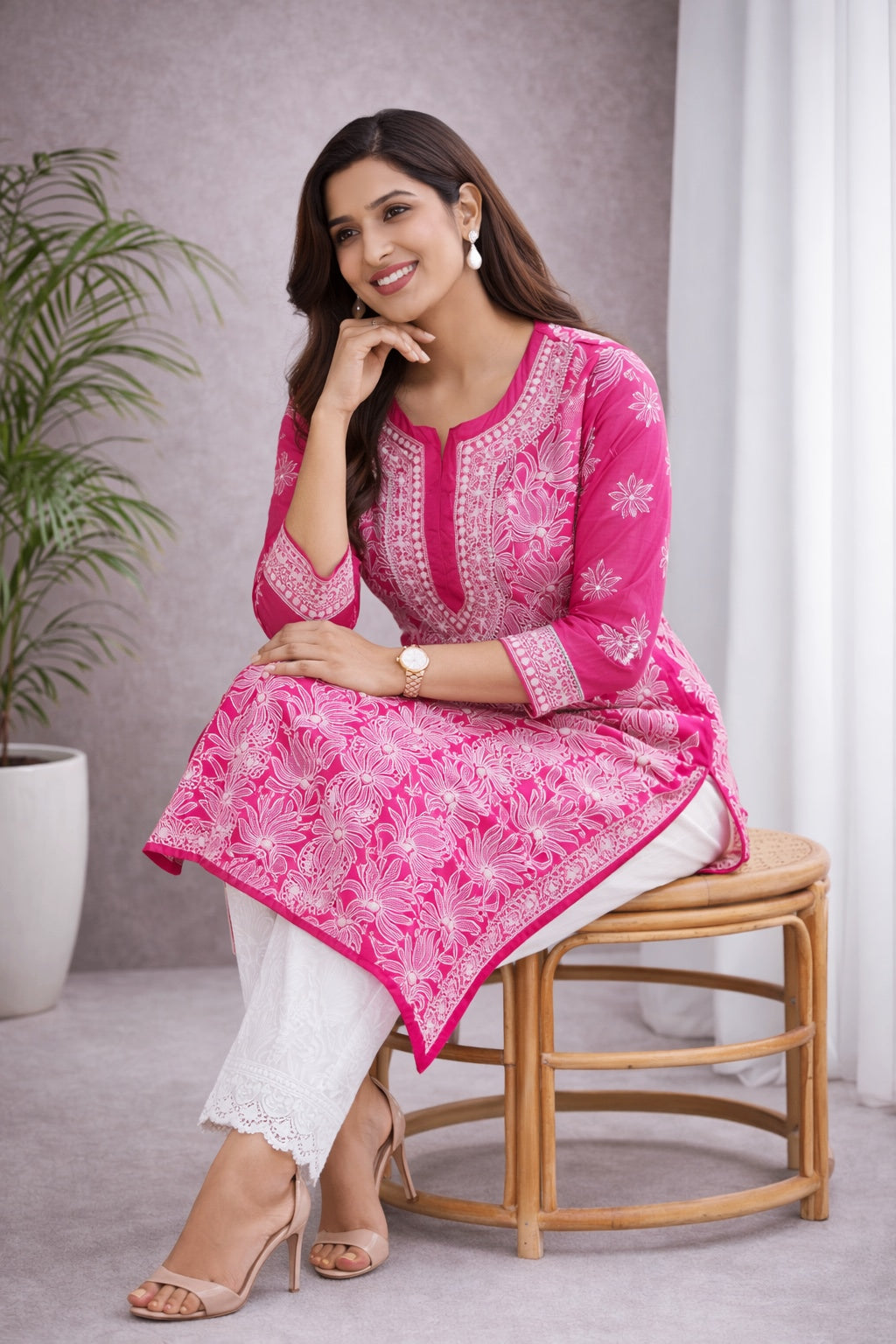Karigiri Rani Pink Chikankari Georgette Kurti_KF0069