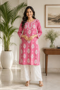 Karigiri Rose Pink Chikankari Mulmul Cotton Kurti_KF0169